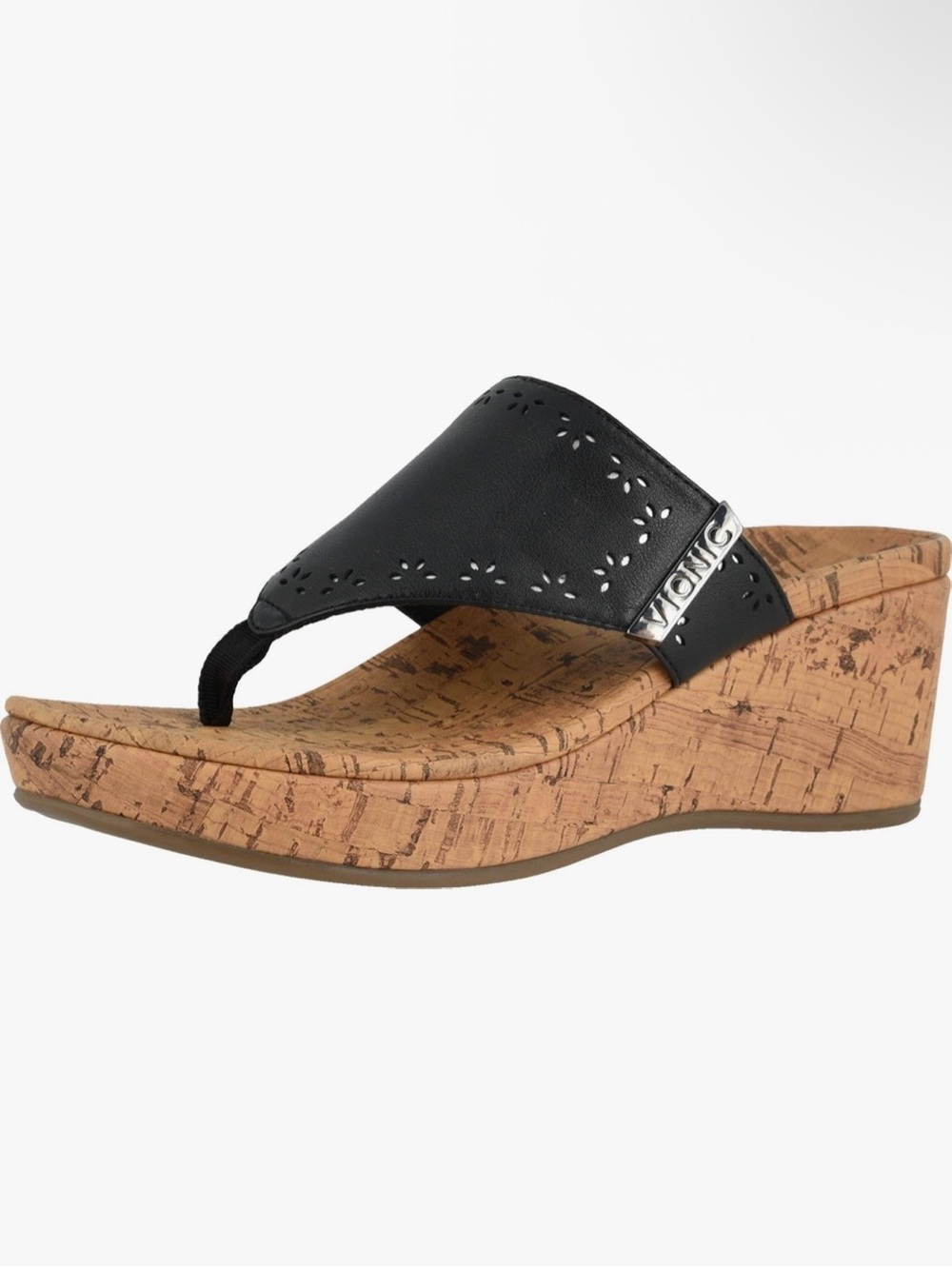 NWOB Vionic Anitra Black Leather Cork Wedge Thong Sandals Size 8